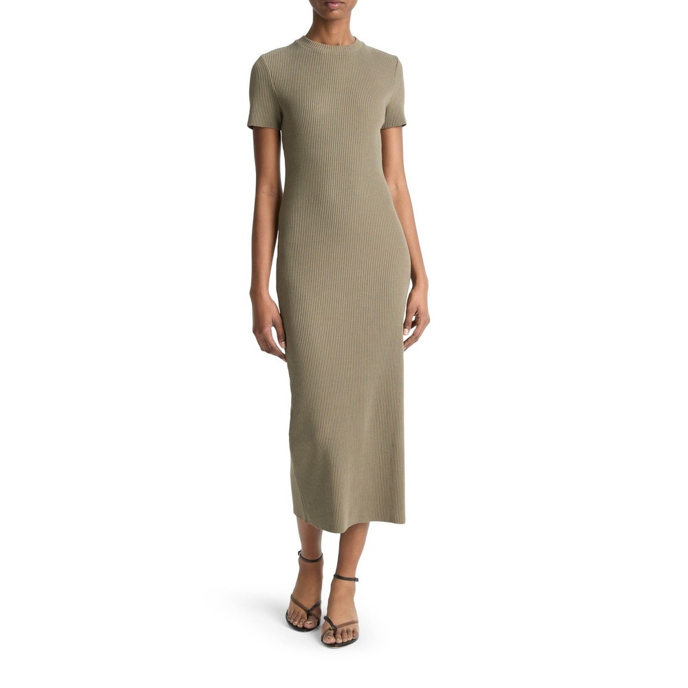 Vince Rib Knit Crewneck Midi Dress Olive Green Medium Quiet Luxary Contemporary